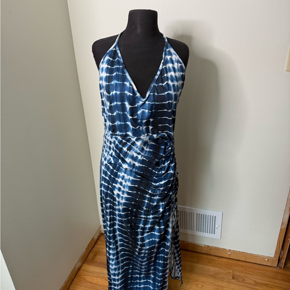 Blue and White Halter Dress With Rouched Slit